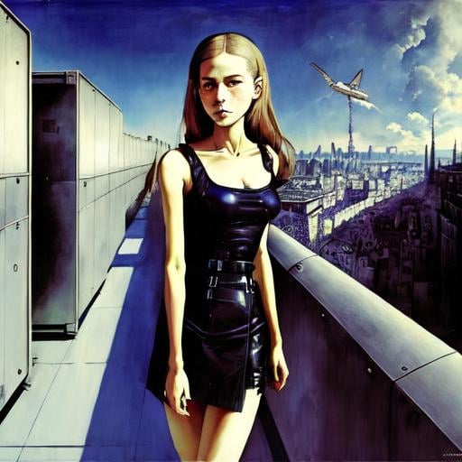 Prompt: Paul Delvaux, shuho itahadhi, Surreal, mysterious, strange, fantastical, fantasy, Sci-fi, Japanese anime, miniskirt beautiful girl who loves machines, futuristic architecture, perspective, perspective drawing, movement of the vanishing points, perspectives bird’s eye view angles, detailed masterpiece 