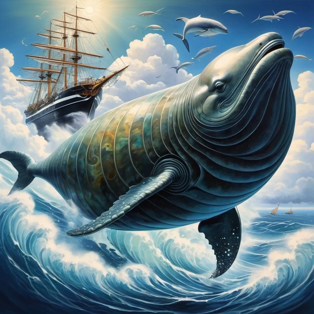 Prompt: Ajubel, Aquirax Uno, Baron Yoshinori, Murray Tinkelman, Edward McKnight Kauffer, Surrealism, wonder, strange, bizarre, fantasy, sci-fi, Japanese anime, a school of humpback whales swimming in the sky, a sailing ship sailing on a sea of ​​clouds, a beautiful captain in a miniskirt, perfect voluminous body, transparent ammonite, detailed masterpiece 