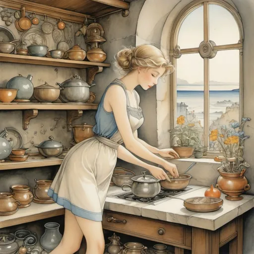 Prompt: Anton Pieck, Elsa Beskow, Surreal, mysterious, bizarre, fantastical, fantasy, Sci-fi, Japanese anime, cooking, sundials, insects, the birth of life from space, evolution, nuclear power, artificial intelligence, miniskirt beautiful girl who sees eternity in stone, perfect voluminous body, detailed masterpiece 