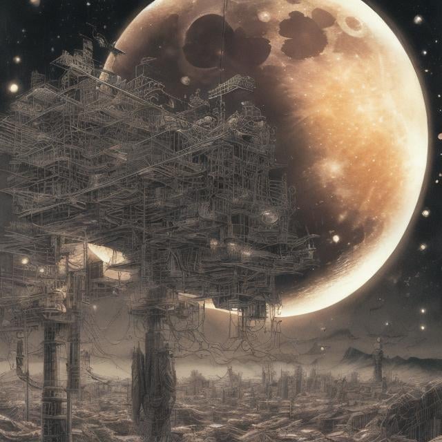 Prompt: Shigeru Tamura, Hiroshi Masumura, Surreal, mysterious, strange, fantastical, fantasy, Sci-fi, Japanese anime, dismantled drawings of the moon, reconstructing solar system, miniskirt beautiful girl designer, perfect voluminous body, detailed masterpiece depth of field cinematic lighting in full colour 