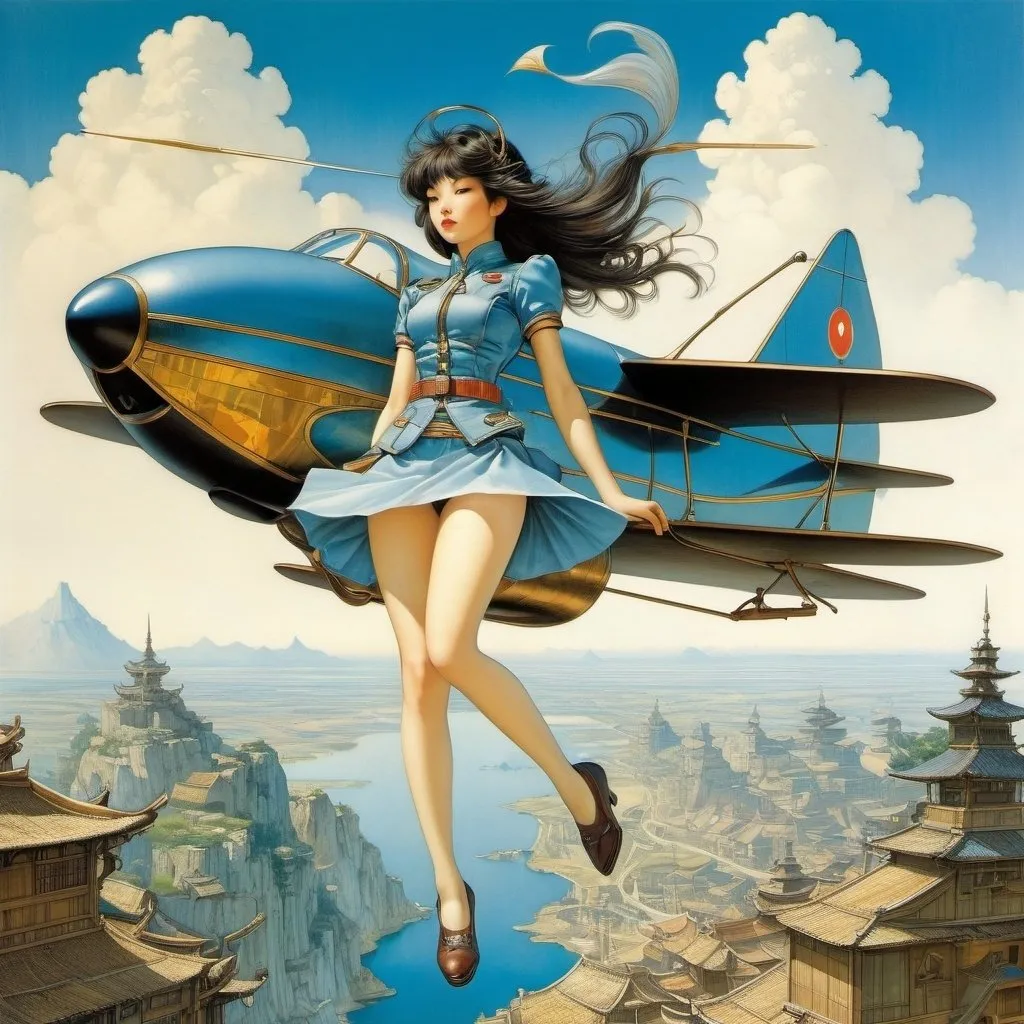 Prompt: Warwick Goble, Leon Underwood, Jacek Yerka, Rupert Lee, Masamune Shirow, Surrealism, strange, bizarre, fantastical, fantasy, Sci-fi, Japanese anime, objects, colors, shadows, lines, blueprints of a human-powered paper airplane, miniskirt beautiful pilot, perfect voluminous body, detailed masterpiece 