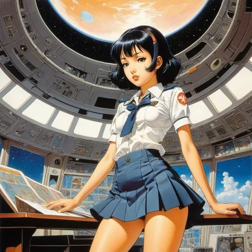 Prompt: Naoyuki Kato, Taiyo Matsumoto, Aquirax Uno, Baron Yoshinori, Leone Frollo, Surrealism, wonder, strange, bizarre, fantasy, Sci-fi, Japanese anime, miniskirt beautiful high school girl folding a spaceship with chiyogami, perfect voluminous body, study room and microcosm, detailed masterpiece 