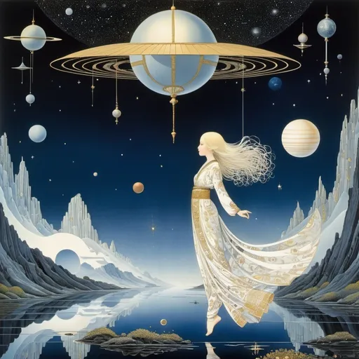 Prompt: Kay Nielsen, Jean Theodore Dupas, Surreal, mysterious, strange, fantastic, fantasy, Sci-fi, Japanese anime, flying bed, beautiful girl in pajamas, perfect voluminous body, river of the galaxy, solar system, artificial satellite, detailed masterpiece 
