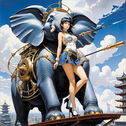 Prompt: Masamune Shirow, Hajime Sorayama, Naoyuki Kato, Hokusai, Sakatauki Sakana, Surrealism Mysterious Weird Fantastic Fantasy Sci-fi, Japanese Anime, Water Transport Elephant Stand, Day/Night Machine, Wheel Elephant Armillary Celestial Pillar (a drive shaft 19 and a half feet long that reaches from the pivot axis to the armchair on the rooftop) is used to drive each part There are two types: the prototype, which uses a chain to drive the armillary, and the modified version, which uses a chain to drive the day and night gear and the armour, beautiful high school girl in a miniskirt. Perfect voluminous body, detailed masterpiece 