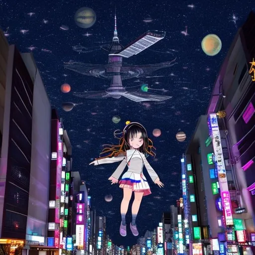 Prompt: Tokyo night scape, high school girl floating in the air, facing spaceship, galaxy above