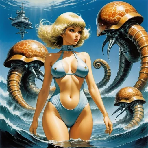 Prompt: Frank Paul, Kelly Freas, Lorenzo Sperlonga, Hajime sorayama, Keith Garvey, Surrealism Mysterious Weird Fantastic Fantasy Sci-Fi, Japanese Anime, Invasion of Walking Ammonites from the Deep Sea, Swimsuit Beautiful Girl Earth Defense Force, perfect voluminous body, dynamic actions, poses, detailed masterpiece 