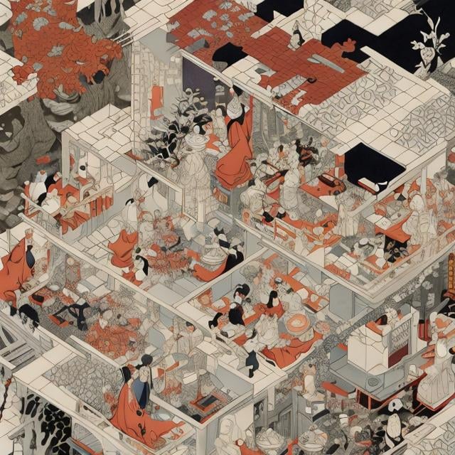 Prompt: Ukiyo-e style　Margaret Tarrant, m c Escher Anime　surreal　fanciful　wondrous　strange　Whimsical　Sci-Fi Fantasy　Chessboard under the moon Chess pieces of geometric solids　Girl Alice