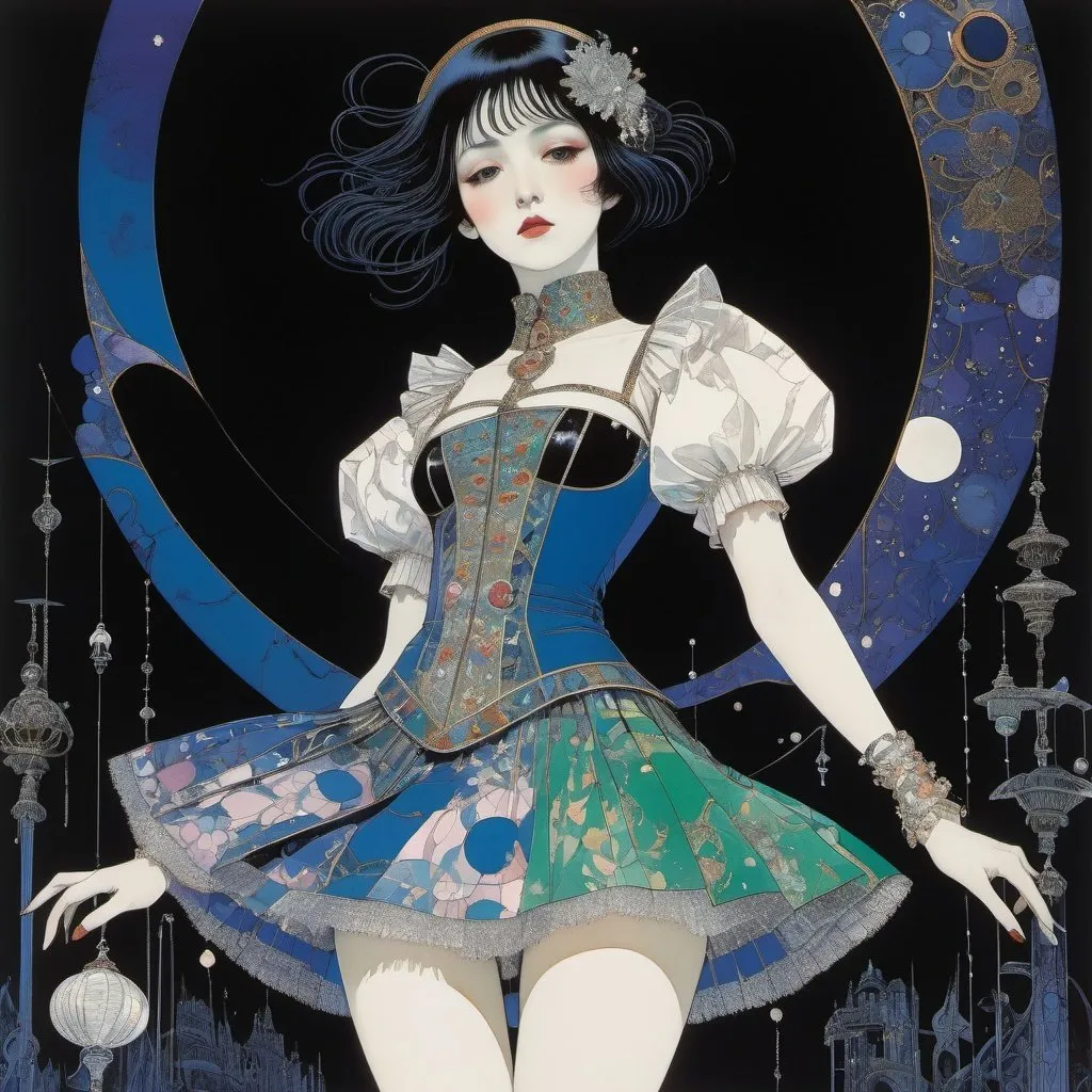 Prompt: Harry Clarke, Andres Barrioquinto, Surreal, mysterious, strange, fantastical, fantasy, Sci-fi, Japanese anime, Harlequin and Tick-Tac Man, miniskirt beautiful girl, perfect voluminous body, forever high in the darkness, detailed masterpiece low high angles perspectives 