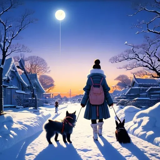 Prompt: Charles Folkard, Masamune Shirow, Surreal, mysterious, strange, fantastical, fantasy, Sci-fi, Japanese anime, winter dusk, snow flickering, urban landscape, beautiful girl taking a dog for a walk, perfect body, spaceship, detailed masterpiece perspectives vanishing points