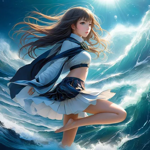 Prompt: Samuli Heimonen, Izumi Aso, Surreal, mysterious, strange, fantastical, fantasy, Sci-fi, Japanese anime, lyrical miniskirt beautiful girl, perfect body, Yuudou Maki sinking into the sunless sea, detailed masterpiece 