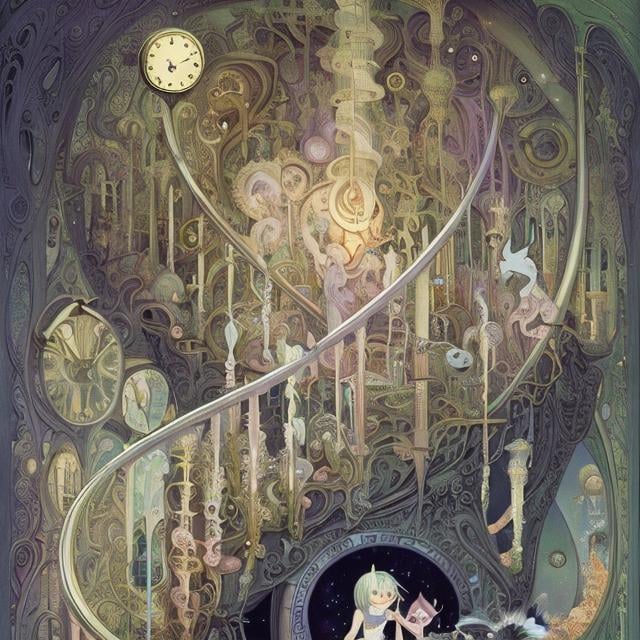 Prompt: Kay Nielsen,  Peter Flötner, animesque　surreal　fanciful　wondrous　strange　Whimsical　Sci-Fi Fantasy　Inside the clock tower　Floating spiral staircase　Miniskirt schoolgirl and kitten　Climb while illuminating your feet with a lamp, perfect body, sweet innocent beautiful face, hyperdetailed high resolution masterpiece