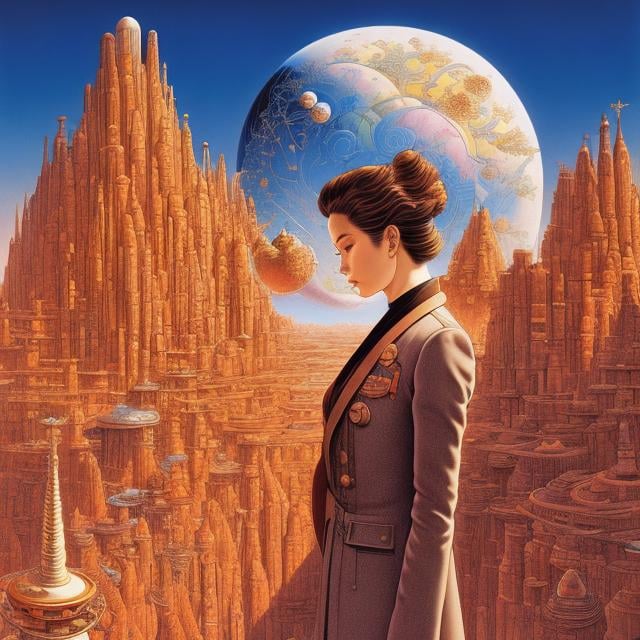Prompt: katsuhiro Otomo, Jean Giraud, François Schuiten Surreal, mysterious, bizarre, fantastic, sci-fi fantasy, solo girl Alice, beautiful perfect voluminous body, celestial sphere, perspective, cross-section, fine lines, perspective, design, structural drawing, detailed realistic, high definition quality masterpiece 