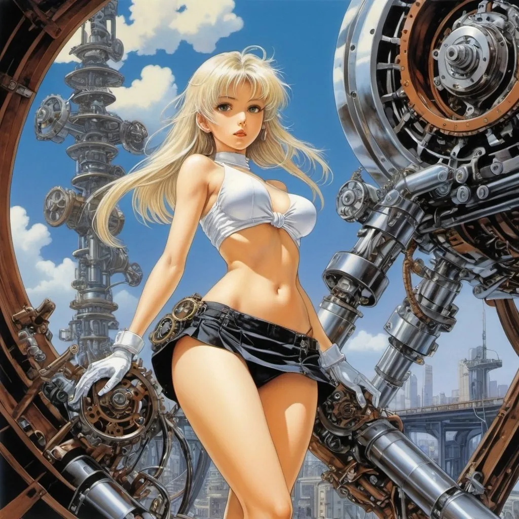 Prompt: Naoyuki Kato, Masamune Shirow, Hajime Sorayama, Jim Burns, George Barbier, Elsa Beskoe, Surrealism, strange, bizarre, fantastical, fantasy, Sci-fi, Japanese anime, knot rotation chain mechanism, trajectory generation mechanism, friction transmission mechanism, gear theory, miniskirt beautiful high school girl in the mechanical world, dynamic action poses, perfect voluminous body, detailed masterpiece 