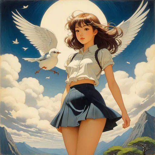 Prompt: Jacqui Morgan, Alphonse Osbert, Yumiko Igarashi, Surreal, mysterious, strange, fantastical, fantasy, sci-fi, Japanese anime, a man draws a picture of a beautiful girl in a miniskirt in the sky with chalk, perfect voluminous body, detailed masterpiece bird’s eye views angles perspectives 