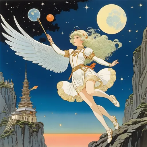 Prompt: Hilda Cowham, Moto Hagio, František Muzika, George Barbier, Adolf Hoffmeister, Surrealism Mysterious Weird Fantastic Fantasy Sci-fi, Japanese Anime, Knight and Miniskirt Beautiful Princess and Meteor, perfect voluminous body, Flying Practice, detailed masterpiece 