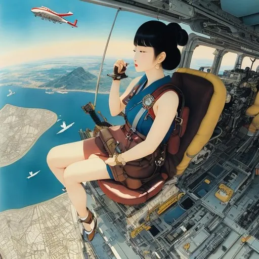 Prompt: Katsuhiro Otomo, Shigeru Hatsuyama, Surreal, mysterious, bizarre, fantastical, fantasy, Sci-fi, Japanese anime, multicolor watercolor woodblock print style, one-seater harness plane, bird's-eye view, beautiful girl aviator, perfect voluminous body, detailed masterpiece 