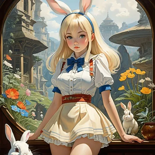 Prompt: Mabel Attwell, Aleksandr Yakovlevich Golovin, Surreal, mysterious, strange, fantastical, fantasy, Sci-fi, Japanese anime, Utopia in a glass, blonde miniskirt beautiful girl Alice, perfect voluminous body, rabbit, detailed masterpiece 