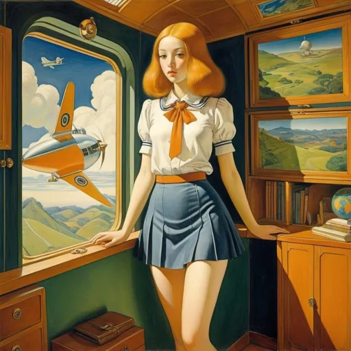 Prompt: Robert Anning Bell, Victor Brauner, Surreal, mysterious, strange, fantastical, fantasy, Sci-fi, Japanese anime, world travel through rooms in paintings, miniskirt beautiful high school girl, perfect voluminous body, riding a fantasy airplane, detailed masterpiece low high angles perspectives 