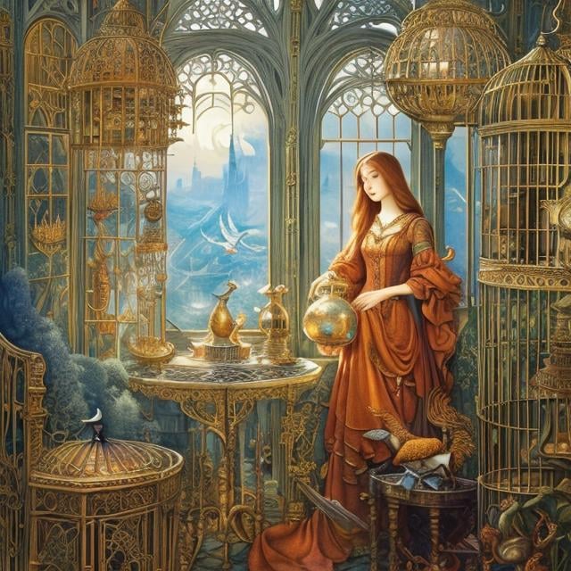 Prompt: Barbara Cooney, Anton Pieck, Walter Crane, wondrous, The Firebird in the bird cage, girl holding that bird cage, surreal strange weird sci-fi fantasy hyperdetailed high definition high resolution high quality masterpiece