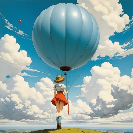 Prompt: Heath Robinson, Wladyslaw Benda, Surreal, mysterious, strange, fantastical, fantasy, Sci-fi, Japanese anime, square balloon, door through the sky, clouds in the blue sky, miniskirt beautiful girl, perfect voluminous body, detailed masterpiece 