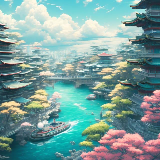 Prompt: Japanese style, James Jean, Anime, Mysterious Strange Fantastic Sci-Fi Fantasy, Tokyo scenery, City area, Ammonite stairs, Conch elevator, Crab taxi, Miniskirt beautiful voluminous perfect body girl strolling, Pale blue sky, Clouds, hyper detailed, high resolution high definition high quality masterpiece, fine lines, face detailed