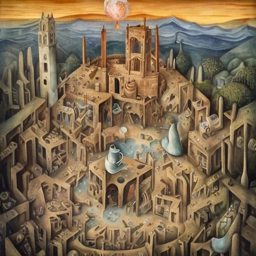 Prompt:  Mabel Lucie Attwell, Leonora Carrington, Margaret Tarrant, world slowly sinking in a coffee cup, diamond mine, process in a tower, dawn, detailed, high quality, high resolution, high definition, masterpiece 