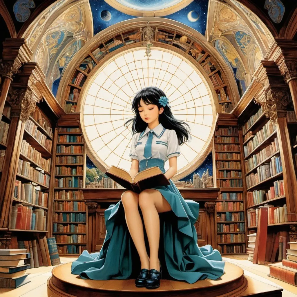 Prompt: Cândido de Faria, Moto Hagio, Jean Dupas, Jack Cole, Fidus, Surrealism, strange, bizarre, fantastical, fantasy, Sci-fi, Japanese anime, anatomical diagram of paradise architecture, a circle of books, a beautiful high school girl in a miniskirt floating above the altar, sleeping, perfect voluminous body, detailed masterpiece hand coloured fine line drawings 