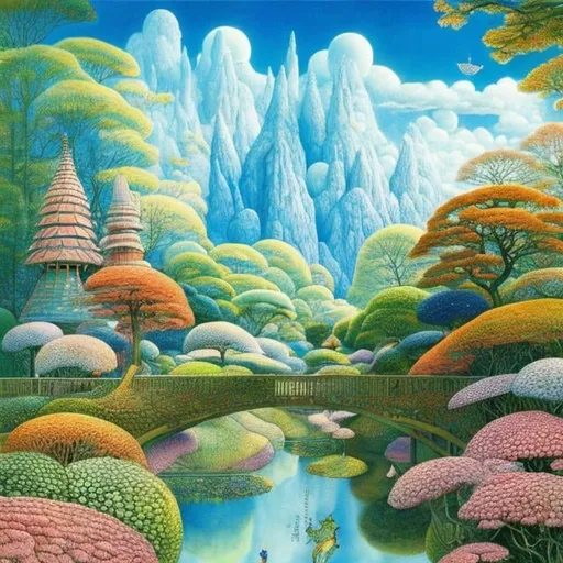 Prompt: Elsa Beskow, Hisashi Hirai, Jean Giraud, Surreal, mysterious, strange, fantastical, fantasy, Sci-fi, Japanese anime, picture book forest, a place where characters from world fairy tales live, fantasy, fun, detailed masterpiece 