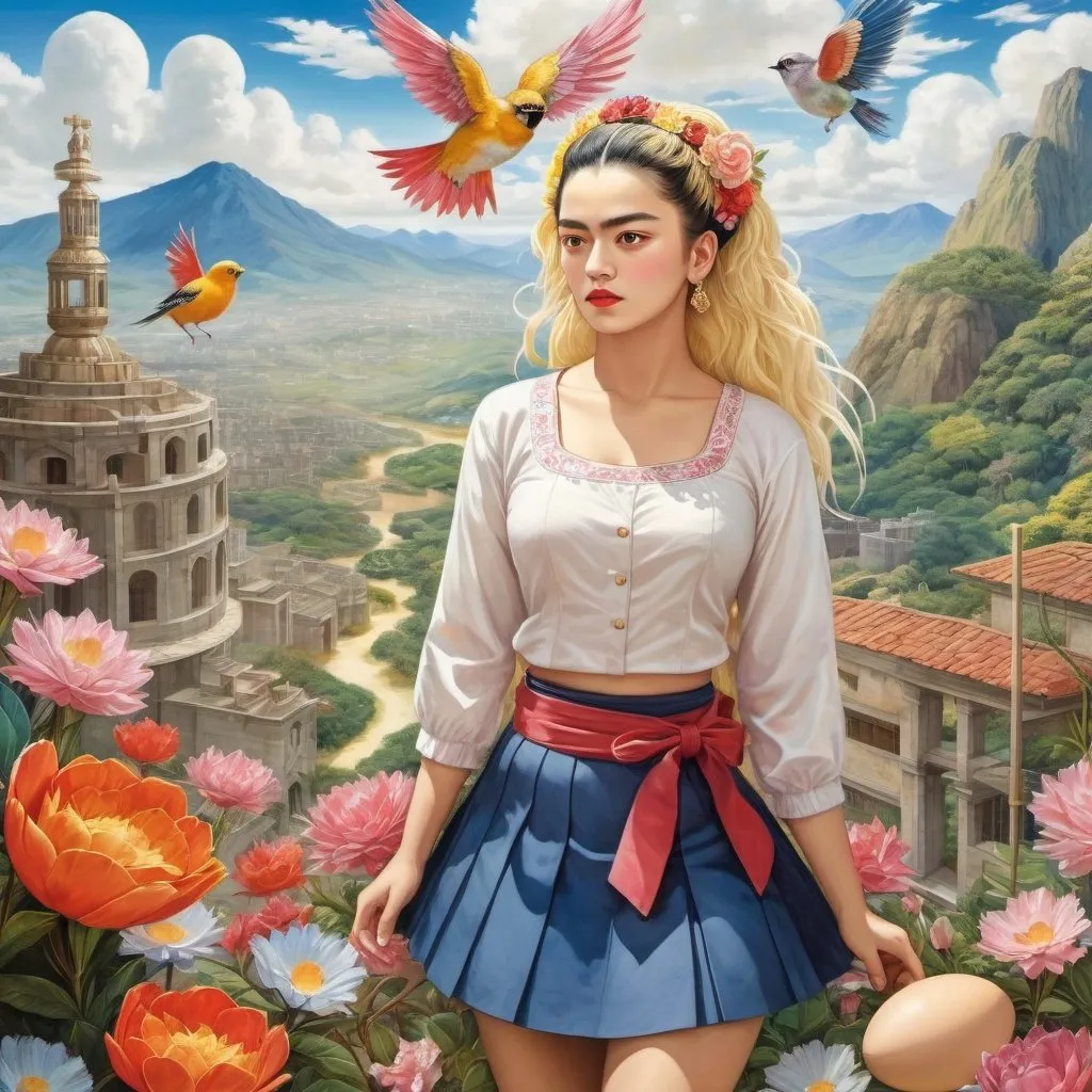 Prompt: Frida Kahlo, Yukari Higa, Surreal, mysterious, strange, fantastical, fantasy, Sci-fi, Japanese anime, Parsifal's Easter, playing in dreams, blonde miniskirt beautiful girl Alice, perfect voluminous body, bird's eye view, detailed masterpiece 