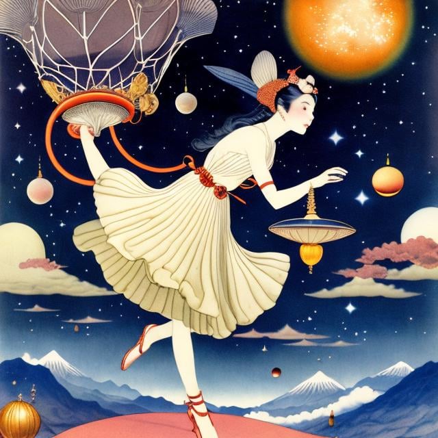 Prompt: Virginia Frances Sterrett, Katsuhiro Otomo, Surreal, mysterious, bizarre, fantastical, fantasy, Sci-fi, Japanese anime, New Year's Eve, beautiful blonde miniskirt girl Alice rings the New Year's Eve bell, perfect body, fun, dynamism, bird's eye view, galaxy, space aurora, detailed masterpiece 