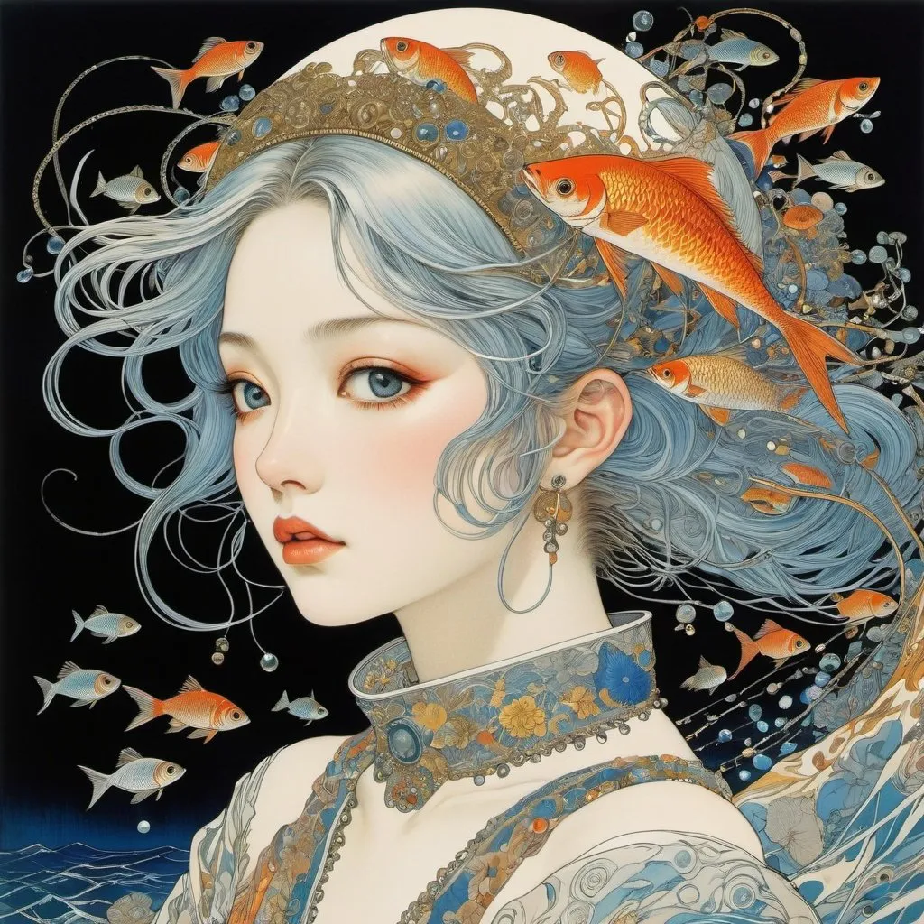 Prompt: Walter Crane, Harry Clarke, Katsuya Terada, Naoyuki Kato, Adrienne Segur, Surrealism, wonder, strange, bizarre, fantasy, Sci-fi, Japanese anime, beads of lightning, school of fishes, the ocean within the earth, electrical, underground world, beautiful girl, perfect voluminous body, detailed masterpiece 