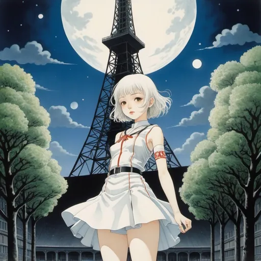 Prompt: Kay Nielsen, Trini Tinturé, Ayano Imai, Akiko Hayashi, Erol Otus, Surrealism, wonder, strange, fantastical, fantasy, Sci-fi, Japanese anime, the world between midday and midnight, the eternal boundary line, beautiful high school girl in a soft mechanical miniskirt, perfect voluminous body, Tokyo Tower, detailed masterpiece 