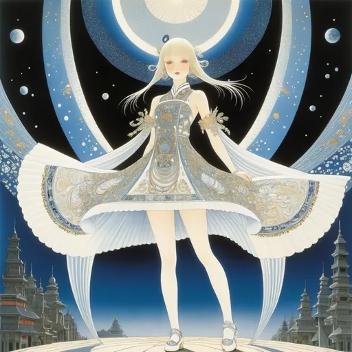 Prompt: Kay Nielsen, Kaye Kessing, Katsuhiro Otomo, Surrealism, wonder, strange, fantastical, fantasy, Sci-fi, Japanese anime, the power of a mini-skirt beautiful girl, perfect voluminous body, the place where God can be seen, numbers, souls, and places, detailed masterpiece 