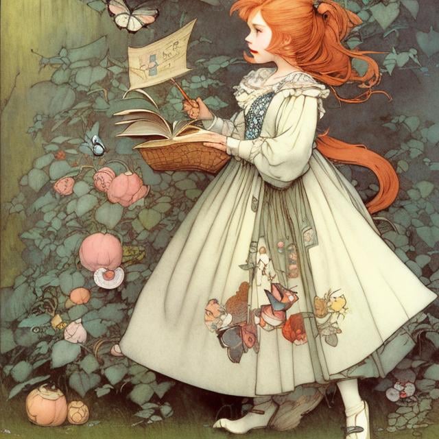 Prompt: Kate Greenaway,  Jessie Willcox Smith, Heikala, Alice in wonderland, blonde girl, with queen of hearts, hyper detailed, high resolution, high definition, high quality, masterpiece, Japanese anime, manga lines, realistic 
