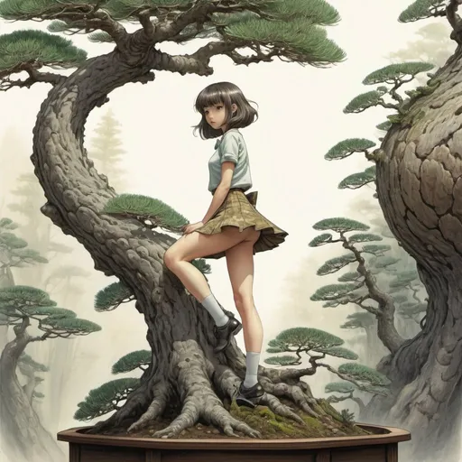 Prompt: Shigeru Tamura, Margaret Brundage, Surreal natural history, mysterious, bizarre, fantastical, fantasy, sci-fi, Japanese anime, beautiful girl in a miniskirt on a pine bonsai, perfect voluminous body, detailed masterpiece high low angles hand drawings