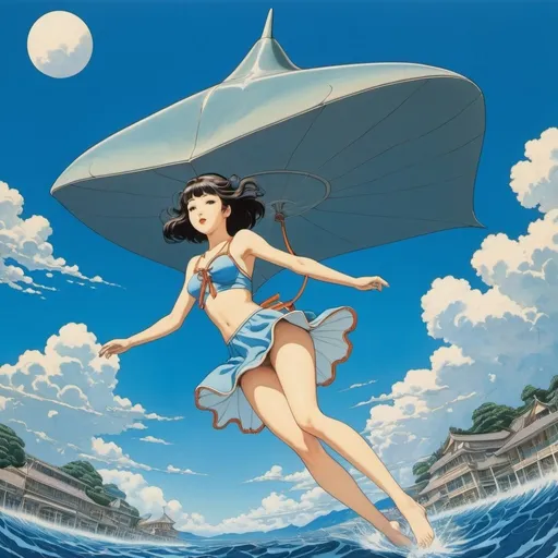 Prompt: Ernst Kreidolf, George Barbier, Ko Machiyama, Takahiro suganuma, Keiichi Tanaami, Surrealism, wonder, strange, bizarre, fantasy, Sci-fi, Japanese anime, stingrays swimming in the sky, a beautiful high school girl in a miniskirt on a large stingray at the front, perfect voluminous body, blue sky, thunder clouds, detailed masterpiece 