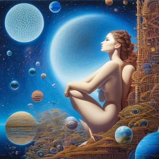 Prompt: Robert H. Hudson, David Wiesner, Surreal, mysterious, strange, fantastical, fantasy, Sci-fi, Japanese anime, I want to convey the beauty of the universe through mathematical formulas, the parallelepiped is made up of 19 spheres, applied astronomy, beautiful girl with a special talent, perfect voluminous body, detailed masterpiece drawing depth of field cinematic lighting 