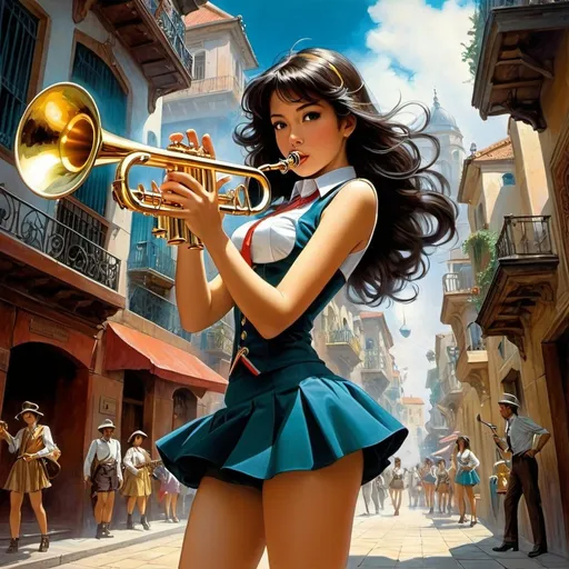 Prompt: Esteban Maroto, Fernando Fernández, Surreal, mysterious, strange, fantastical, fantasy, Sci-fi fantasy, anime, hunter of music, beautiful miniskirt girl who shoot out sounds with a trumpet, perfect voluminous body, city of music, detailed masterpiece 