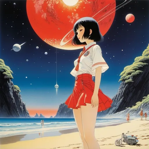 Prompt: Kay Nielsen, Katsuhiro Otomo, Else Wenz-Vietor, Serge Brignoni, Keiko Takemiya, Surrealism, wonder, strange, bizarre, fantasy, Sci-fi, Japanese anime, Martian beach, miniskirt beautiful girl space explorer's break, perfect voluminous body, cold cola, red sky, detailed masterpiece coquettish cute 