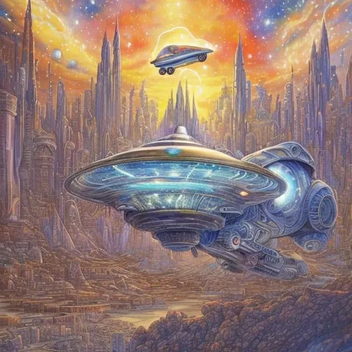 Prompt: John Stephens style, city on mars, spaceship landing, girl on flying scooter, detailed, see galaxy in sky above, sketch and water colour