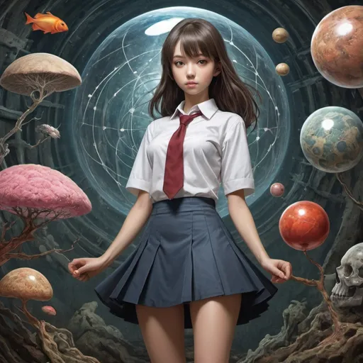 Prompt: Franciszka Themerson, Jan Marcin Szancer, Olga Siemaszko, Katsuji Matsumoto, Surrealism, Mysterious, Bizarre, Outlandish, Fantasy, Sci-Fi, Japanese Anime, Miniskirt Beautiful High School Girl in Human Morphology, perfect voluminous body, Rhythm and Evolution of the Natural World, Periodic Law for Living Things, From Elementary Particles to Minerals, Life Forms, Social Structures, Heterochrony, detailed masterpiece 