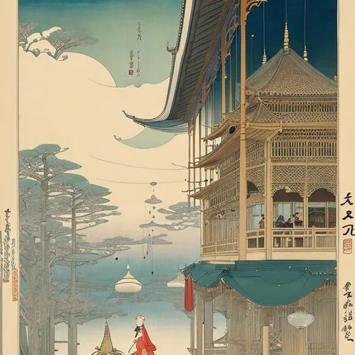 Prompt: Wilhelm Barth, Ukiyo-e style Japanese anime, Charles Robinson, Frank Pape, Kay Nielsen, Surreal, mysterious, bizarre, bizarre, absurd, fantasy, Sci-fi fantasy, a girl, water transport elephant stand, 11th century Chinese astronomical observation clock tower, mineral collection, spherical trigonometry