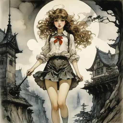 Prompt: Arthur Rackham, Wojciech Siudmak, Surreal, mysterious, strange, fantastical, fantasy, sci-fi, Japanese anime, look up into the abyss, people, the world will turn upside down, the light of courage that exorcises the darkness, the hero of the miniskirt beautiful high school girl, perfect voluminous body, detailed masterpiece 