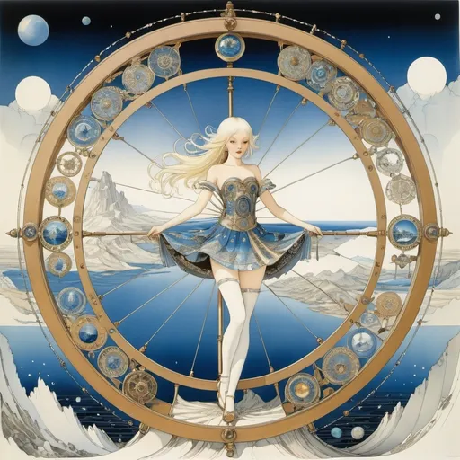 Prompt: Kay Nielsen, Antje Gummels, Marshall Glasier, Katsuya Terada, Hannes Bok, Surrealism, wonder, strange, fantastical, fantasy, Sci-fi, Japanese anime, the spinning wheel of fate, the miniskirt beautiful goddess who spins the blueprints of the future, perfect voluminous body, the flow of the world like a great river being spun out, detailed masterpiece 