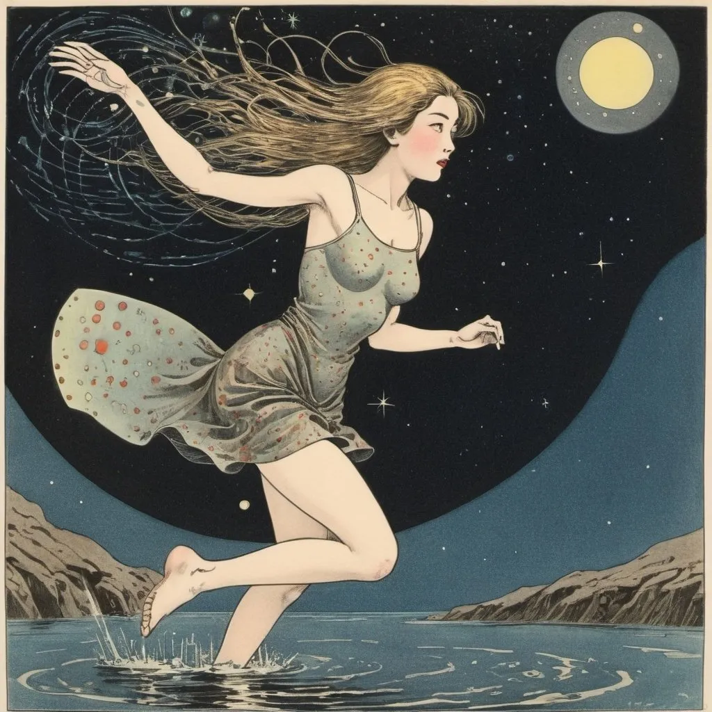 Prompt: Hand coloured etching fine lines printing, Seiji Fujishiro, Hilda Cowham, Harry B. Neilson, Edward Bawden, Einar Nerman, Surrealism, mysterious, strange, bizarre, fantasy, Sci-fi, Japanese anime, beautiful miniskirt girl swimming in the darkness and running in the light, perfect voluminous body, constellation chart, the sea behind the moon, descending on paper, detailed masterpiece 