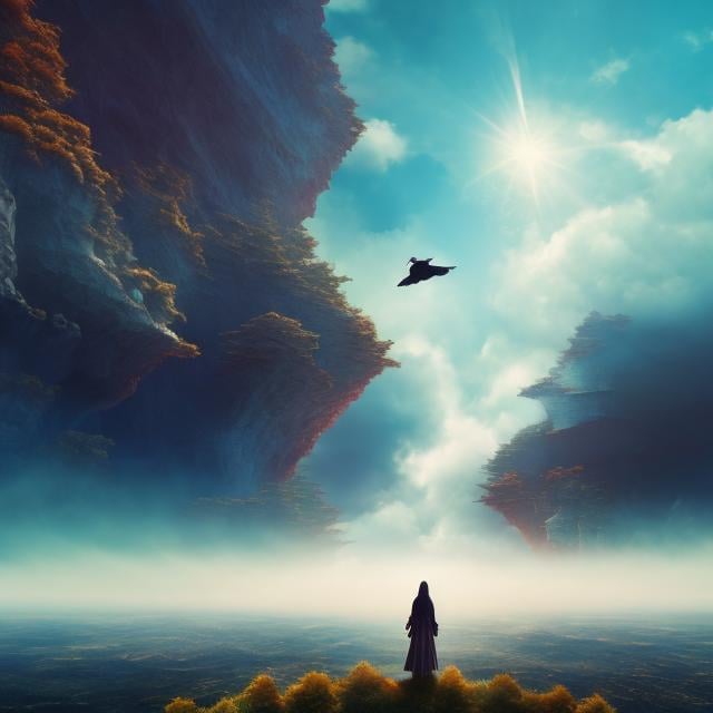 Prompt: Zdzisław Witwicki, Anne Anderson, Yoshitsjs Amani, Surreal, mysterious, strange, fantastical, fantasy, sci-fi, Japanese anime, fly to you into the swaying and distorted sky.I feel so close to you.Our two feelings have always been by my side.The gap left is too big.Your cheeky and honest reply A beautiful girl who is sad to say "See you...", hyper detailed masterpiece high resolution definition quality depth of field cinematic lighting realistic 