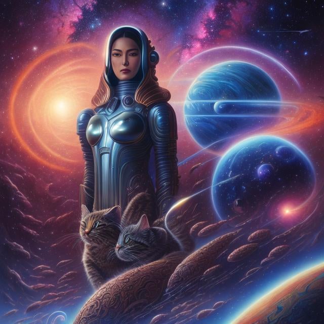 Prompt: Jean Giraud, Jim Burns, Surreal, mysterious, bizarre, fantastical, fantasy, Sci-fi, Japanese anime, beautiful astronaut girl Alice, Temple of Hyperion, perfect voluminous body, with a cat, the end of time and space, galaxy, planet, moon, shooting star, hyper detailed masterpiece, high resolution definition quality, depth of field cinematic lighting realistic 