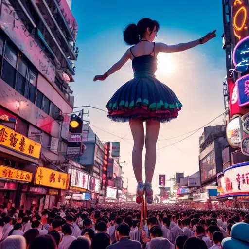 Prompt: ALEXANDROS ANTONIADIS, Takeo Takei, surreal, mysterious, strange, fantastic, fantasy, Sci-fi, Japanese anime, Shibuya scramble intersection circus, mahout, clown on a ball, miniskirt beautiful girl on a trapeze, perfect voluminous body, detailed masterpiece, perspectives, colour drawings