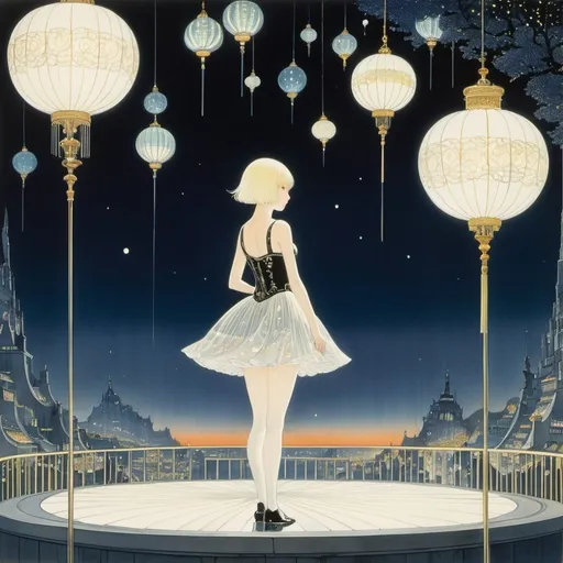 Prompt: Kay Nielsen, René Vincent, Surreal, mysterious, strange, fantastical, fantasy, Sci-fi, Japanese anime, the night grabs you, to the other side of the glass wall, miniskirt beautiful girl, perfect voluminous body, short-haired boyish, luminous night market, detailed masterpiece sharp focus