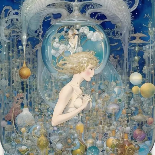 Prompt: Kay Nielsen, Michael Parkes, Gerda Wegener Japanese Anime Sci-Fi Fantasy　Solar system inside a glass jar　Girl with the glass bottle Hyperdetailed high definition high resolution high quality masterpiece